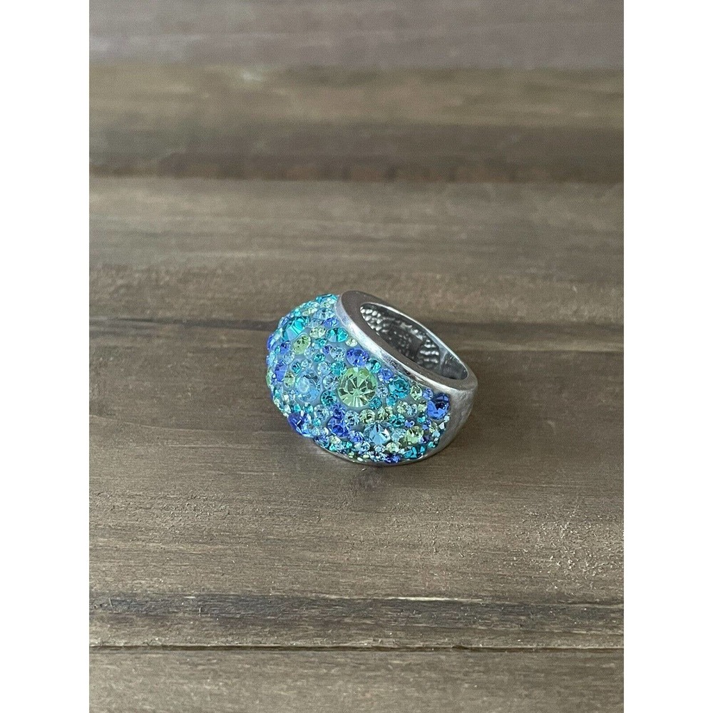 925 Sterling Silver Rhinestone Ring - Green Blue Crystal - Sz 5.5 - Large Dome